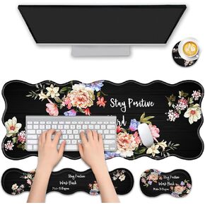 4 in 1 Desk Mat Set,Mouse Pad with Keyboard Wrist Rest,Wave-Shaped Design,Non-Slip Rubber Base,Waterproof,for Home,Office,Gaming,Peony Flower