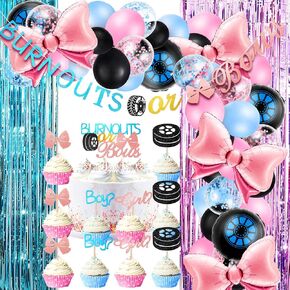 112 Pcs Burnouts or Bows Gender Reveal Decorations Set, Burnouts Bow Foil Balloons Arch Banner Gender Reveal Cake Topper Pink and Blue Balloons Foil Curtains for baby Shower Party Supplies