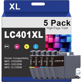 5-Pack LC401XL Ink Cartridges Replacement for Brother LC401XL LC401 High Yield Work with MFC-J1010DW MFC-J1012DW MFC-J1170DW Printer (2 Black, 1 Cyan, 1 Magenta, 1 Yellow)