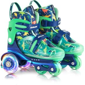 Kids Roller Skates for Beginners - ZOOBLISS 4 Adjustable Sizes Tri-Wheel Skates for Girls and Boys Ages 3-7, Toddler Roller Skates with Light-Up Wheels