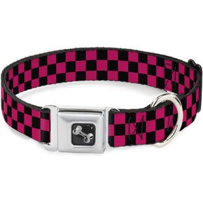 Buckle-Down Seatbelt Buckle Dog Collar - Checker Black/Neon Pink - 1.5" Wide - Fits 16-23" Neck - Medium