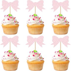 36PCS Pink Bow Cupcake Toppers Glitter Cake Topper for Birthday Party Baby Shower Decorations Coquette Bachelorette Wedding Decor