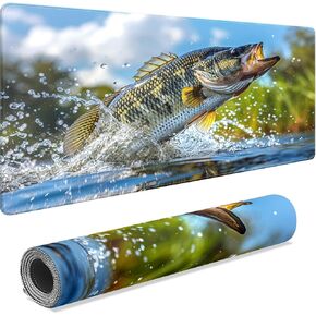 FCZ Large Gaming Mouse Pad 35.4''x15.7'' Bass Fish Extended Non-Slip Soft Rubber Mousepad Desk Mat for Desktop Office Stitched Edges Waterproof Keyboard Mat for Computer Laptop