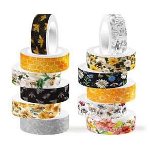 Adirasenotek Bee Washi Tape Set 12 Rolls,Decorative Tape Bee Floral Washi Tape,Yellow Black Decorative Paper Stickers for Spring Summer Scrapbook Journal DIY Art Craft Gift Wrapping