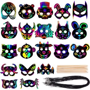 KXCOFTXI Halloween Mask Craft Kit for Kids, DIY Rainbow Scratch Art Masks for Halloween and Animal Birthday Party