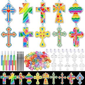 Sonwyoung 30 Sets Easter Cross Suncatchers Craft Kits, DIY Christian Religious Cross Suncatcher Kits Glow in The Dark Stained Glass Window Paint Art for Sunday School Classroom Party Activities Party