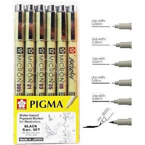 SAKURA PIGMA MICRON BLACK, SET OF 6 ASSORTED NIB SIZES (Set Of 6A)
