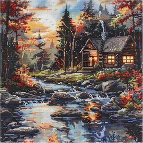 51buyoutgo Cross Stitch Kits, 11 Ct Count Pre Printed Counted Stamped Cross Stitch Embroidery Needlepoint Patterns Kits for Adults Beginners, Cottage Landscape Easy Advanced Crossstitch Crossstitching