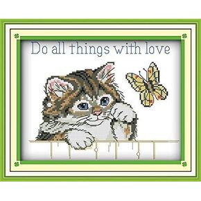 Happy Forever Cross Stitch Kits 11CT Stamped Patterns for Kids and Adults, Preprinted Embroidery kit for Beginner, Animals Cat 3 (D304 Kitten with Poppies, Size 10''x13'')