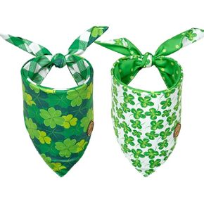 CROWNED BEAUTY St Patricks Day Dog Bandanas Large 2 Pack, Lucky Leaf Set, Green Plaid Adjustable Triangle Reversible Holiday Scarves for Medium Large Extra Large Dogs Boy Girl Pets DB95-L