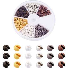 Pandahall 1Box/180pcs 6 Colors 6mm Brass Half Round Open Crimp Beads Covers Knot Covers Beads End Tips for Jewelry Makings Antique Bronze & Red Copper & Black & Silver & Golden & Platinum