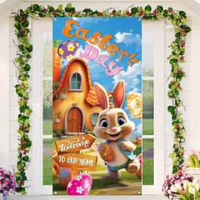 DIYASY Easter Door Cover, Front Door Covers Spring Wall Decorations Bunny Backdrop for Indoor Outdoor Home Office Classroom Decor