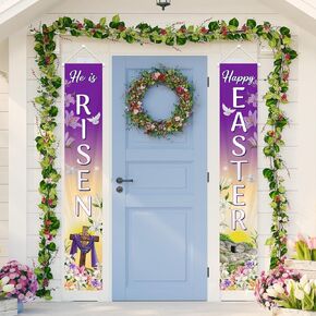 MEHOFOND Happy Easter Porch Banner Bunny Egg Rabbit Daisy Party Front Door Sign Wall Hanging Spring Decorations and Supplies for Home Farmhouse Decor