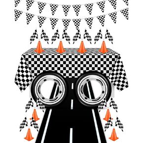 Race Car Party Birthday Supplies, 2x16ft Racetrack Floor Running Mat, Racetrack Tablecloth, Checkered Pennant Banner, 12 Checkered Flags with Sticks, 8 Mini Orange Traffic Cones for Racing Party Decor