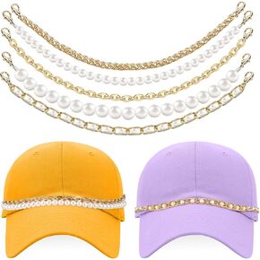 5PCS Trucket Hat Chains Bill Decoration for Women Men Detachable Metal Hat Brim Chain with Lobster Clasp Trendy Pearl DIY Jewelry Hat Charms Gold Trucker Hat Chain for Mesh Baseball Cap Bags Purse