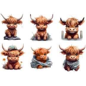 6 Piece 5"x5" Baby Highland Cows 100% Cotton Fabric Panel Squares | Quilting Panel Blocks MP100