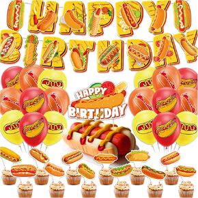 Hot Dog Party Supplies Hot Dog Birthday Party Decorations Includes Fast Food Hot Dog Happy Birthday Banner Cake Topper Cupcake Toppers Balloons for Hot Dog Birthday Party Baby Shower Decorations