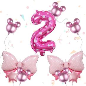 2nd Birthday 10 Pcs Mouse Balloons with Pink Huge Bow - Number 2 Balloons Set, Aluminum Foil Balloons for Baby Shower and Birthday Party Decorations