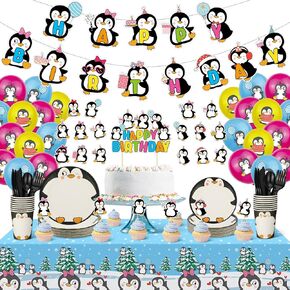 Yaomiao 133 Pcs Penguin Birthday Party Decorations Include Happy Birthday Penguin Banner Penguin Balloons Cake Topper Tablecloth Paper Plates Cups Cutlery for Winter Birthday Baby Shower Party (Cool)