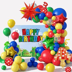 Red Blue Yellow Green Balloon Garland Arch Kit, Mushroom Star Foil Balloons Color Carnival Circus Balloons for Mario Birthday Carnival Circus Party Decorations