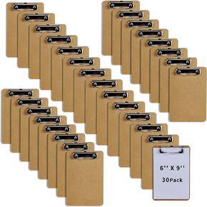 Binditek 30 Pack Mini Clipboards, Eco-Friendly Wood Hardboard with Low Profile Clip, 6 x 9 Inches Small Clipboards for Home, Office, School Classroom Supplies, Brown