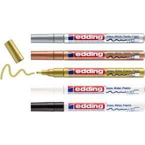edding 751 gloss paint marker set - black, white, gold, silver, copper - 5 paint markers - round nib 1-2 mm - paint pen for glass, pebbles, wood, plastic, paper - waterproof, high coverage