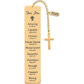 2025 Religious Bible Verses Bookmark with Cross Charm, Faith-Based Gift for Readers, Stainless Steel Christian Affirmation Book Mark, Bible Confirmation Accessories for Him Her, Gold