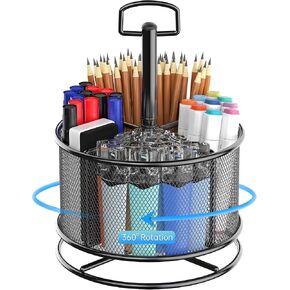 360-Degree Rotating Pen Holder for Desk, Mesh Pencil Organizer Multi-Functional Pen Holder, 4 Compartments Desktop Stationary Organizer, Home Office Black