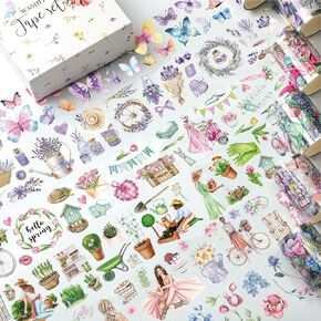 Geyoga 6 Rolls Spring Floral Washi Tape Aesthetic Flower Butterfly PET Tape Vintage Pink Purple Tulip Lavender Decorative Tape for Journaling Sticker Scrapbooking Supplies Planner Gift
