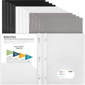 Patelai 12 Pcs Plastic Folders with Pockets 2 Heavy Duty Pocket Folders with 3 Prongs and Fasteners for Office (White,Gray,Black)