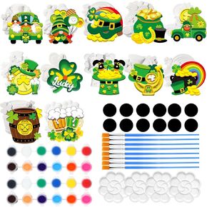 Arrowbash 12 Sets St. Patrick's Day Plaster Painting Kit Ceramics to Paint Green Shamrock Fridge Magnets DIY Irish Theme Plaster Statue Crafts Unpainted Ceramic Figurines Refrigerator Magnets