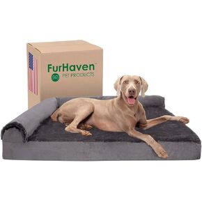 Furhaven Memory Foam Dog Bed for Large Dogs w/ Removable Bolsters & Washable Cover, For Dogs Up to 125 lbs - Plush & Velvet L Shaped Chaise - Platinum Gray, Jumbo Plus/XXL