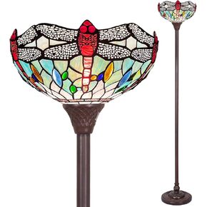 Capulina Tiffany Torchiere Floor Lamp Fine Sky Dragonfly Style Stained Glass Industrial Dark Bronze Pole Standing Light for Living Room Bedroom Home Office
