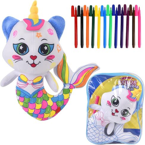Coloring Plush Toy with 12 Washable Markers for Little Girls Doodle Dolls Arts and Crafts Soft DIY Washable Doodle Stuffed Animal Toy for Kids Ages 4-6 Birthday (Pink Cat) in Saudi Arabia