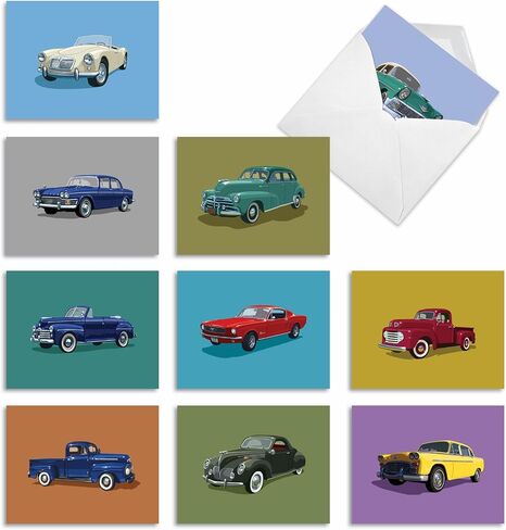 The Best Card Company - 10 Blank Notes Boxed Set (4 x 5.12 Inch) - All Occasion Thnk You Cars Notecards, Just because, Miss You Friendship Bulk Pack for Him, Men - Vintage Vehicles M4182OCB-B1x10-NB in Kuwait