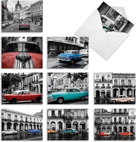The Best Card Company - 10 Blank Notes Boxed Set (4 x 5.12 Inch) - All Occasion Thnk You Cars Notecards, Just because, Miss You Friendship Bulk Pack for Him, Men - Vintage Vehicles M4182OCB-B1x10-NB in Kuwait