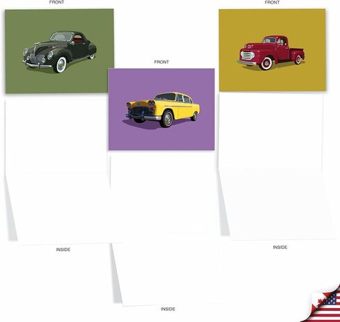 The Best Card Company - 10 Blank Notes Boxed Set (4 x 5.12 Inch) - All Occasion Thnk You Cars Notecards, Just because, Miss You Friendship Bulk Pack for Him, Men - Vintage Vehicles M4182OCB-B1x10-NB in Kuwait