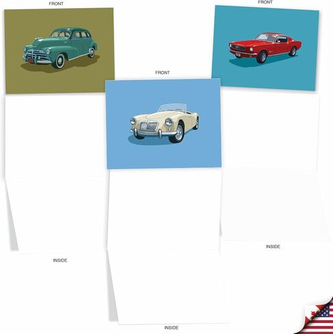 The Best Card Company - 10 Blank Notes Boxed Set (4 x 5.12 Inch) - All Occasion Thnk You Cars Notecards, Just because, Miss You Friendship Bulk Pack for Him, Men - Vintage Vehicles M4182OCB-B1x10-NB in Kuwait