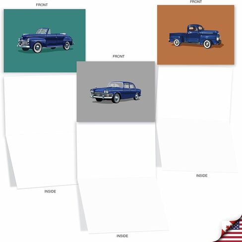 The Best Card Company - 10 Blank Notes Boxed Set (4 x 5.12 Inch) - All Occasion Thnk You Cars Notecards, Just because, Miss You Friendship Bulk Pack for Him, Men - Vintage Vehicles M4182OCB-B1x10-NB in Kuwait