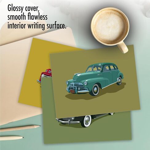 The Best Card Company - 10 Blank Notes Boxed Set (4 x 5.12 Inch) - All Occasion Thnk You Cars Notecards, Just because, Miss You Friendship Bulk Pack for Him, Men - Vintage Vehicles M4182OCB-B1x10-NB in Kuwait