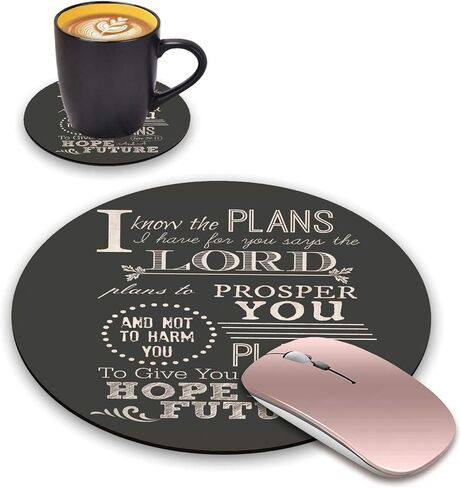 Round Mouse Pad and Coasters Set, Quotes Bible Verse Jeremiah 29:11 Design Mouse Pad, Non-Slip Rubber Base Mouse Pads for Laptop and Computer in Kuwait
