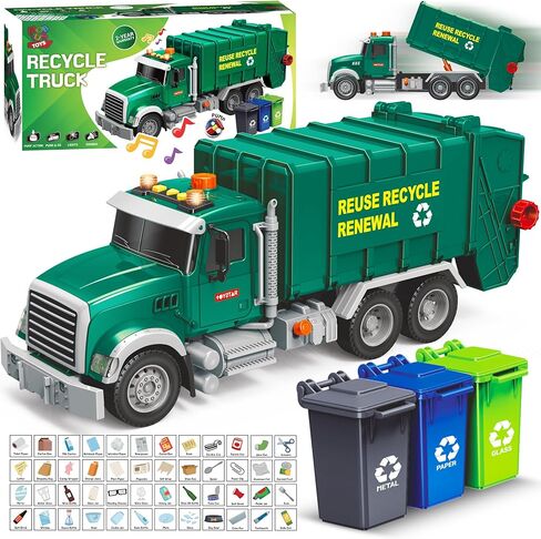 MÖBIUS Toys Garbage Truck Friction-Powered – 1:12 Scale Large Size Truck w/Sounds, Lights, Loader, 4 Trash Cans for Learning Waste Management Recycling Toy for Toddlers, Boys, Girls 3 4 5 Years Old in Kuwait