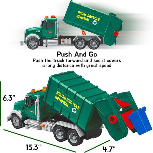 MÖBIUS Toys Garbage Truck Friction-Powered – 1:12 Scale Large Size Truck w/Sounds, Lights, Loader, 4 Trash Cans for Learning Waste Management Recycling Toy for Toddlers, Boys, Girls 3 4 5 Years Old in Kuwait
