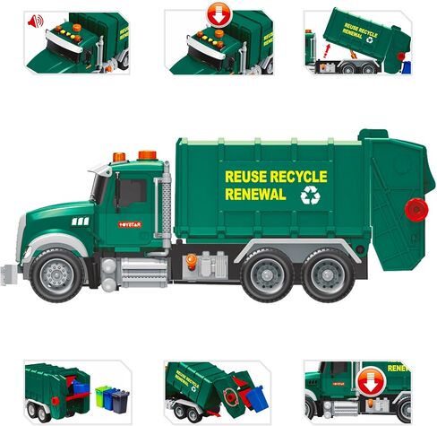 MÖBIUS Toys Garbage Truck Friction-Powered – 1:12 Scale Large Size Truck w/Sounds, Lights, Loader, 4 Trash Cans for Learning Waste Management Recycling Toy for Toddlers, Boys, Girls 3 4 5 Years Old in Kuwait