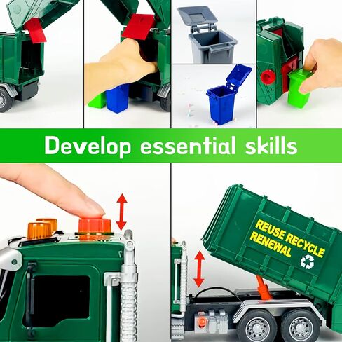 MÖBIUS Toys Garbage Truck Friction-Powered – 1:12 Scale Large Size Truck w/Sounds, Lights, Loader, 4 Trash Cans for Learning Waste Management Recycling Toy for Toddlers, Boys, Girls 3 4 5 Years Old in Kuwait