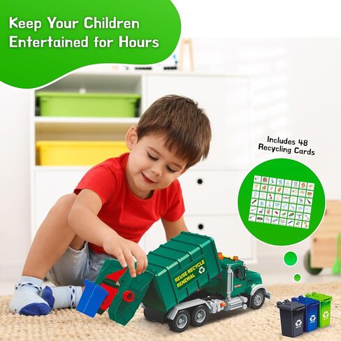 MÖBIUS Toys Garbage Truck Friction-Powered – 1:12 Scale Large Size Truck w/Sounds, Lights, Loader, 4 Trash Cans for Learning Waste Management Recycling Toy for Toddlers, Boys, Girls 3 4 5 Years Old in Kuwait