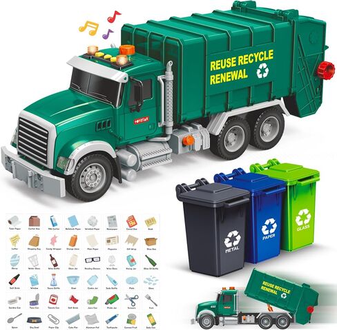 MÖBIUS Toys Garbage Truck Friction-Powered – 1:12 Scale Large Size Truck w/Sounds, Lights, Loader, 4 Trash Cans for Learning Waste Management Recycling Toy for Toddlers, Boys, Girls 3 4 5 Years Old in Kuwait