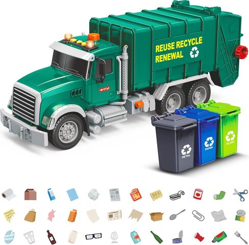 MÖBIUS Toys Garbage Truck Friction-Powered – 1:12 Scale Large Size Truck w/Sounds, Lights, Loader, 4 Trash Cans for Learning Waste Management Recycling Toy for Toddlers, Boys, Girls 3 4 5 Years Old in Kuwait