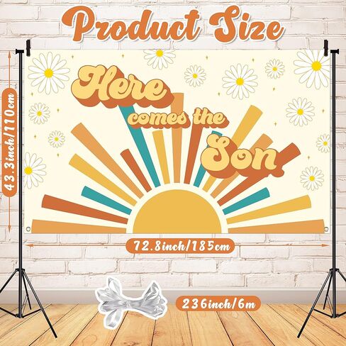 Here Comes The Son Baby Shower Backdrop Retro Sunshine Baby Shower Background Banner Cake Table Decor Photobooth Gift Prop Fabric 72.8 x 43.3 Inch in Saudi Arabia