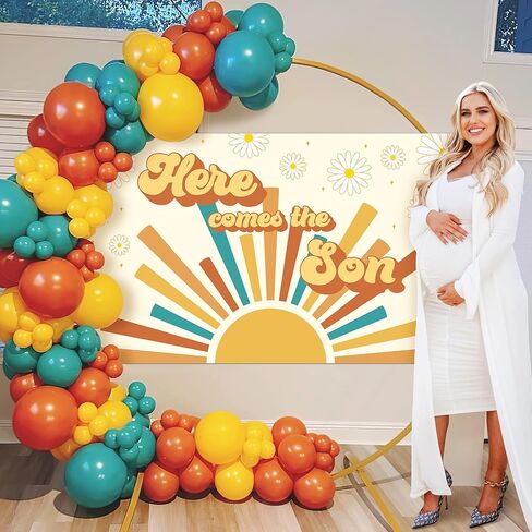 Here Comes The Son Baby Shower Backdrop Retro Sunshine Baby Shower Background Banner Cake Table Decor Photobooth Gift Prop Fabric 72.8 x 43.3 Inch in Saudi Arabia